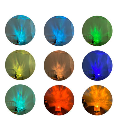 Nine circular images showing colorful LED night lights projecting blue, green, yellow, orange, and red hues on wall near bed