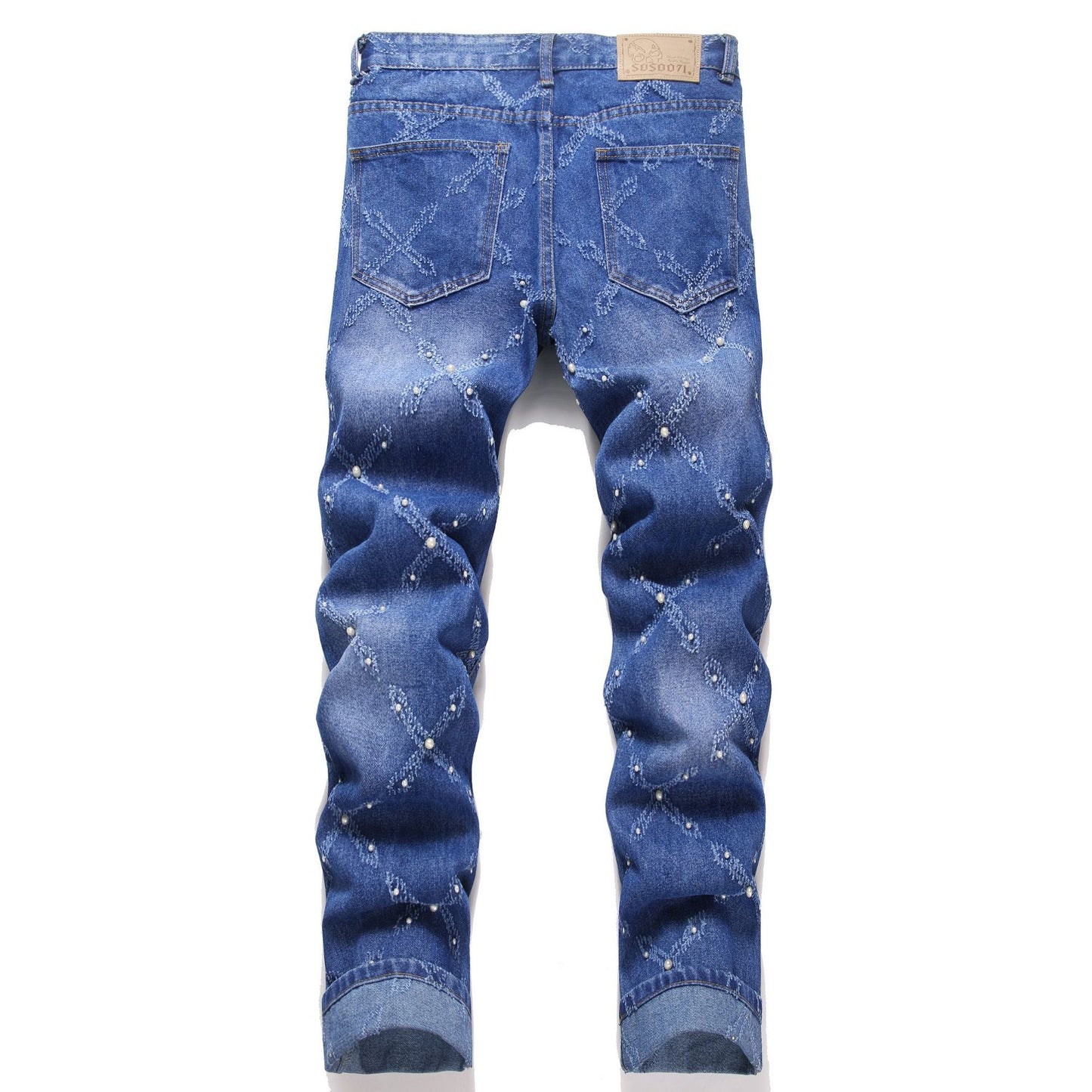 Back view of blue denim jeans with embroidered diamond pattern and pearl embellishments