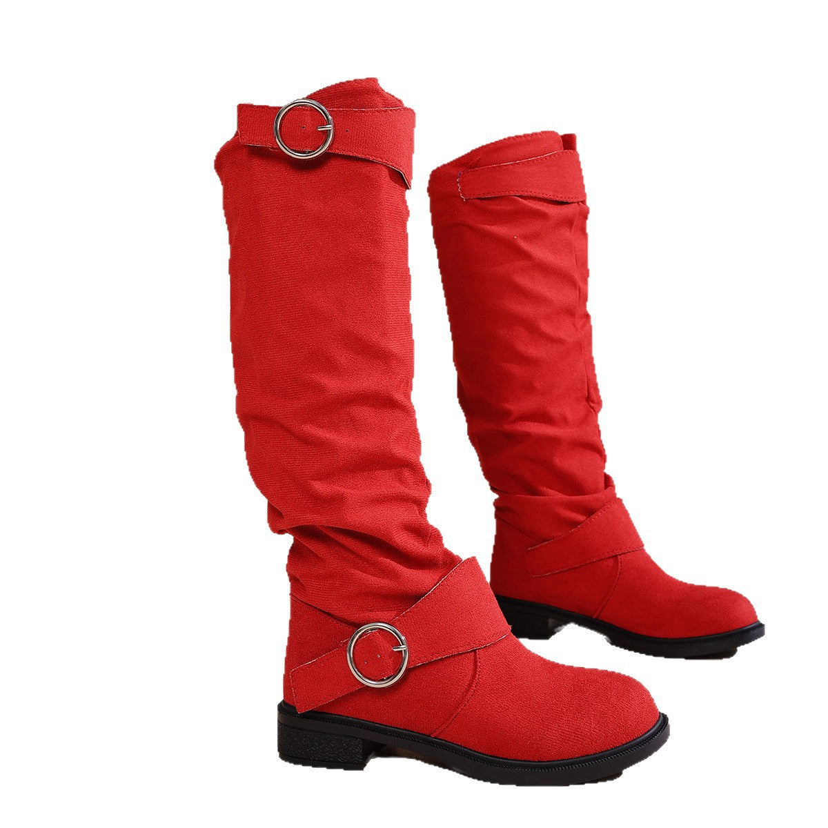 Pair of red knee-high boots with round silver buckle straps and black soles