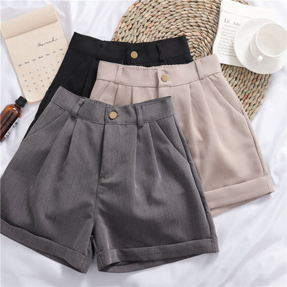 Wide-Leg Casual Shorts - High Waist Roll-Up Cotton Shorts for Women