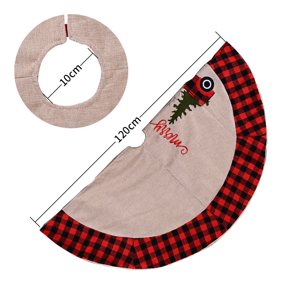 Round Christmas tree skirt with red and black checkered border and a red truck design, 120cm diameter