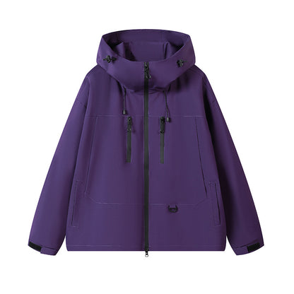 Purple waterproof hooded jacket with front zipper and adjustable drawstrings