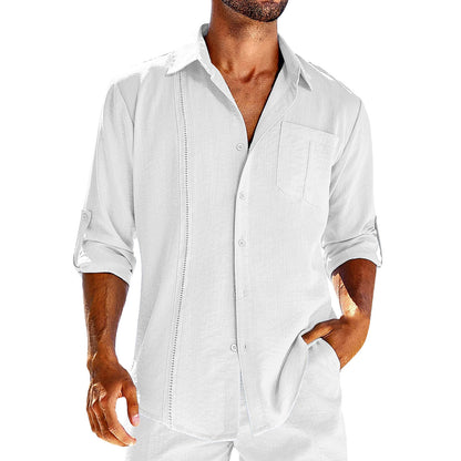 Long Sleeve Shirt With Pocket Lace Collar | Men's Casual Cotton Blend Polo