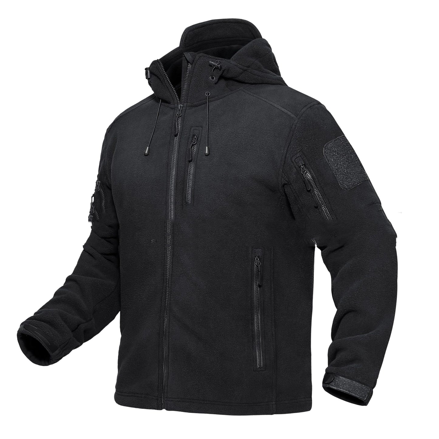 black tactical fleece jacket with hood, multiple zippered pockets, and adjustable cuffs