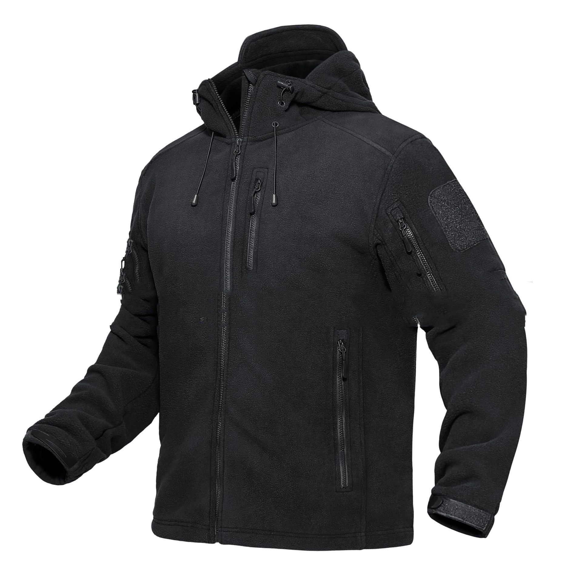 black tactical fleece jacket with hood, multiple zippered pockets, and adjustable cuffs