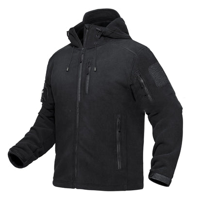 black tactical fleece jacket with hood, multiple zippered pockets, and adjustable cuffs