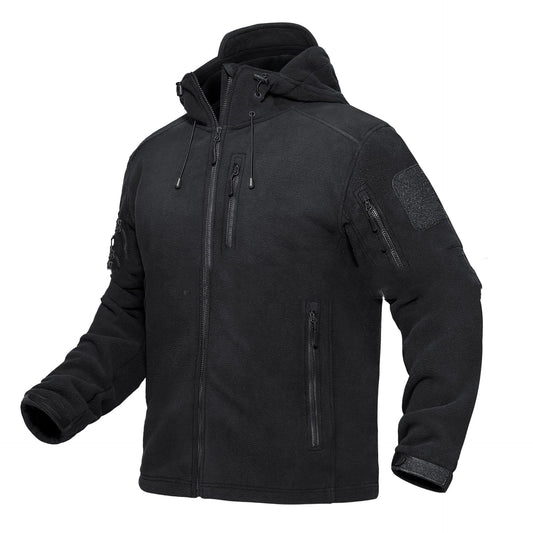 black tactical fleece jacket with hood, multiple zippered pockets, and adjustable cuffs