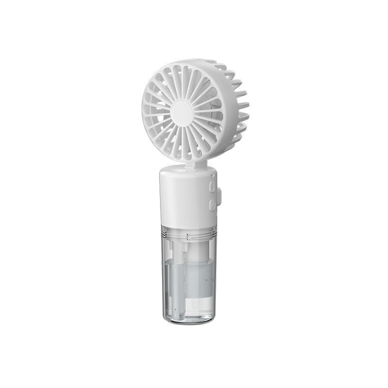 Compact white handheld misting fan with transparent water reservoir and circular fan blades