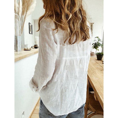 Loose Button Cardigan - Womens Long Sleeve Shirt With Lapel Collar Blouse