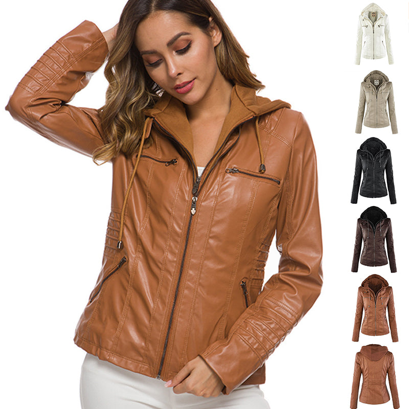 Detachable Hooded Jacket - Casual PU Leather Coat With Pockets, Long Sleeve