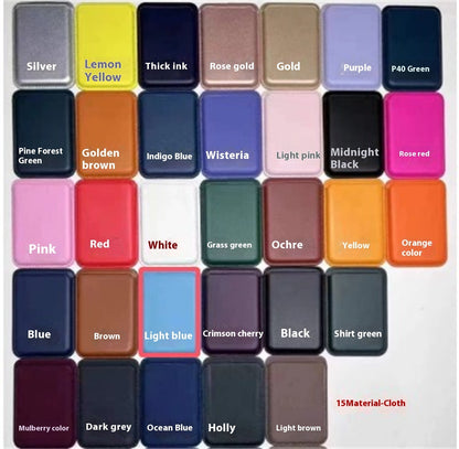 Color swatch chart of 30 fabric samples with labeled shades like Silver, Lemon Yellow, Rose Gold, Indigo Blue, Pink, Red, White, Black, Orange, and more