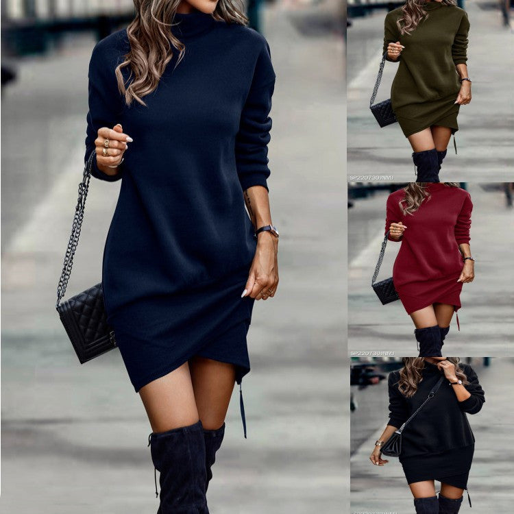 Long Sleeve Dress | Solid Color High Neck | Asymmetric Skirt Mid Waist Zipper Detail