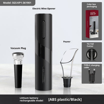 Black electric wine opener set with vacuum plug, pourer, foil cutter, and Type-C charging cable
