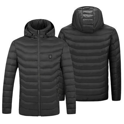 Black quilted hooded puffer jacket with front zipper and side pockets, front and back views