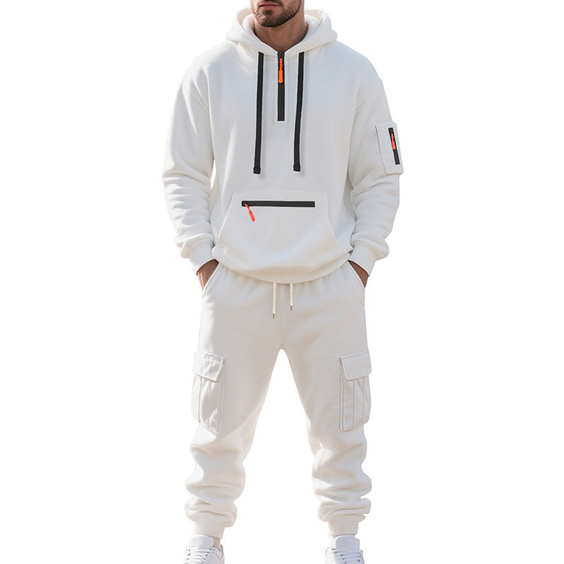 Men's Sports Hoodie Set - Polyester Fiber Two-Piece Tracksuit with Multi-Pocket Zipper Jacket