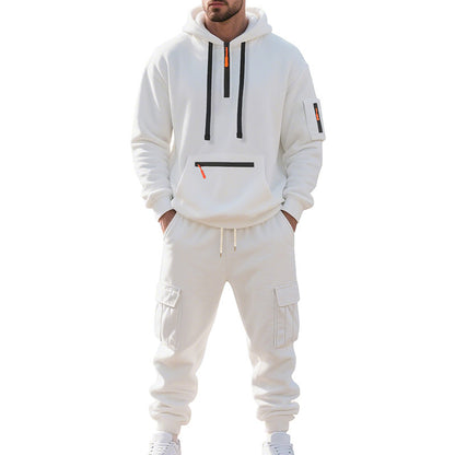 Men's Sports Hoodie Set - Polyester Fiber Two-Piece Tracksuit with Multi-Pocket Zipper Jacket