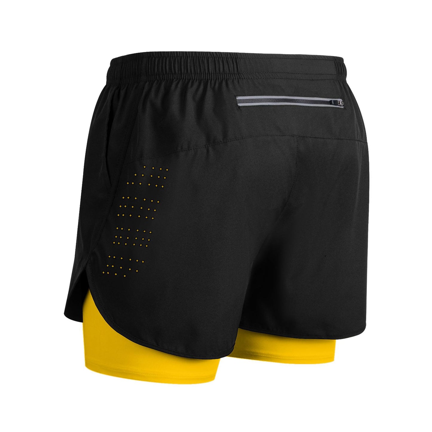 Black running shorts with yellow compression liner and back zipper pocket for athletes