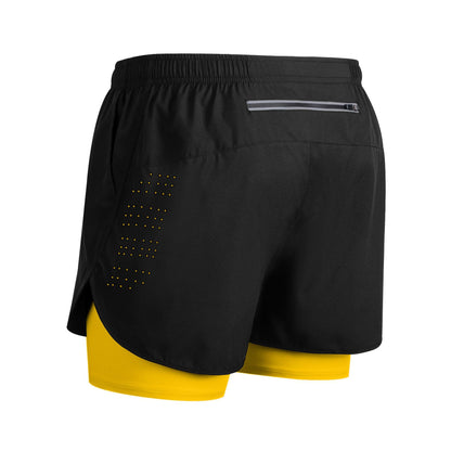 Black running shorts with yellow compression liner and back zipper pocket for athletes