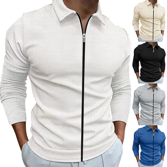 Men's Zipped Jacket Waffle Style Slim Fit Outdoor Sports Top With Lapel Collar