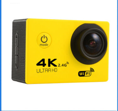 Yellow 4K Ultra HD WiFi action camera with wide-angle lens and mode button on front