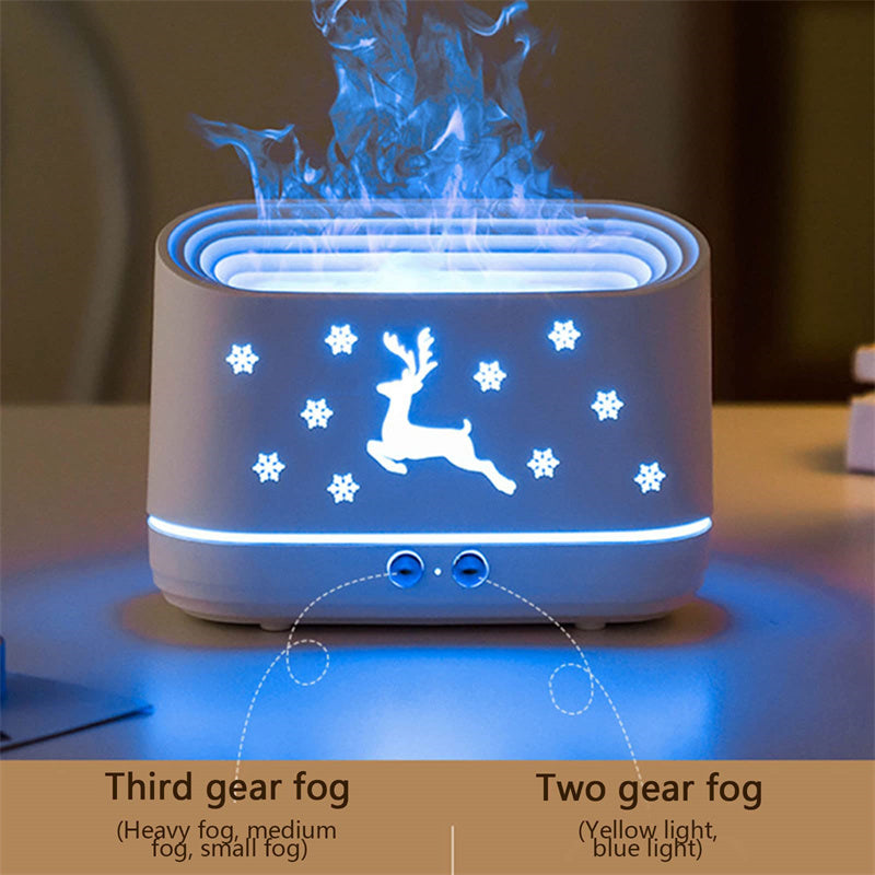 White humidifier with glowing reindeer and snowflakes design emitting blue mist on a table