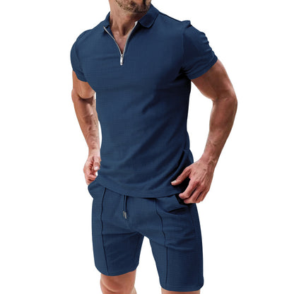 Casual Waffle Suit - Summer T-Shirt Set With Zipper Lapel Collar And Drawstring Shorts