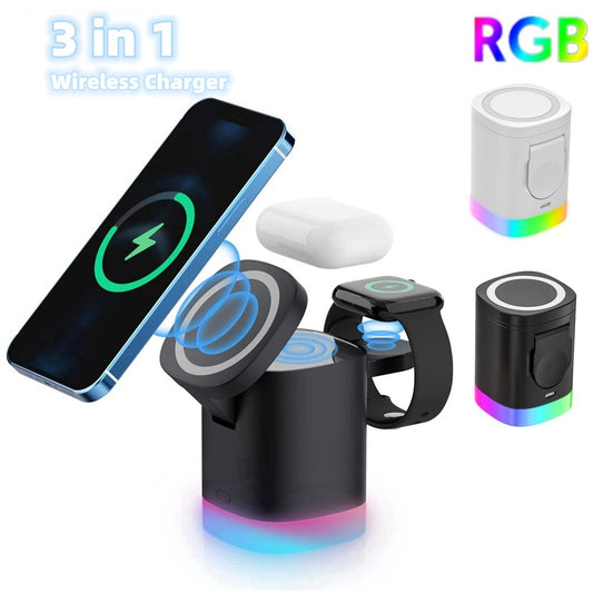 3 in 1 wireless charger with RGB lighting, charging smartphone, earbuds, and smartwatch