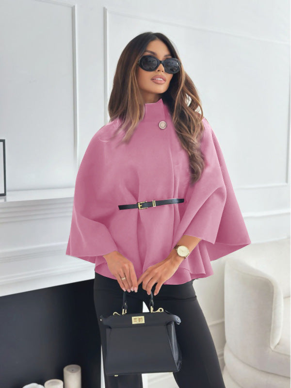 Stand Collar Cloak - Batwing Sleeve Jacket With Belted Woolen Sweater Outwear