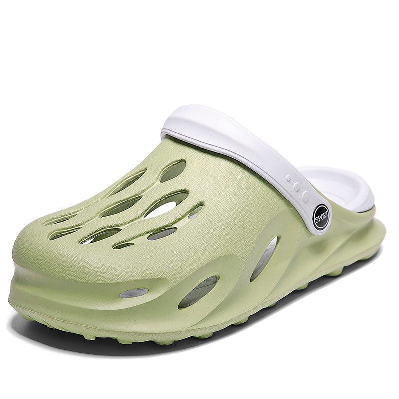 Light green sport clog with white adjustable strap and ventilation holes