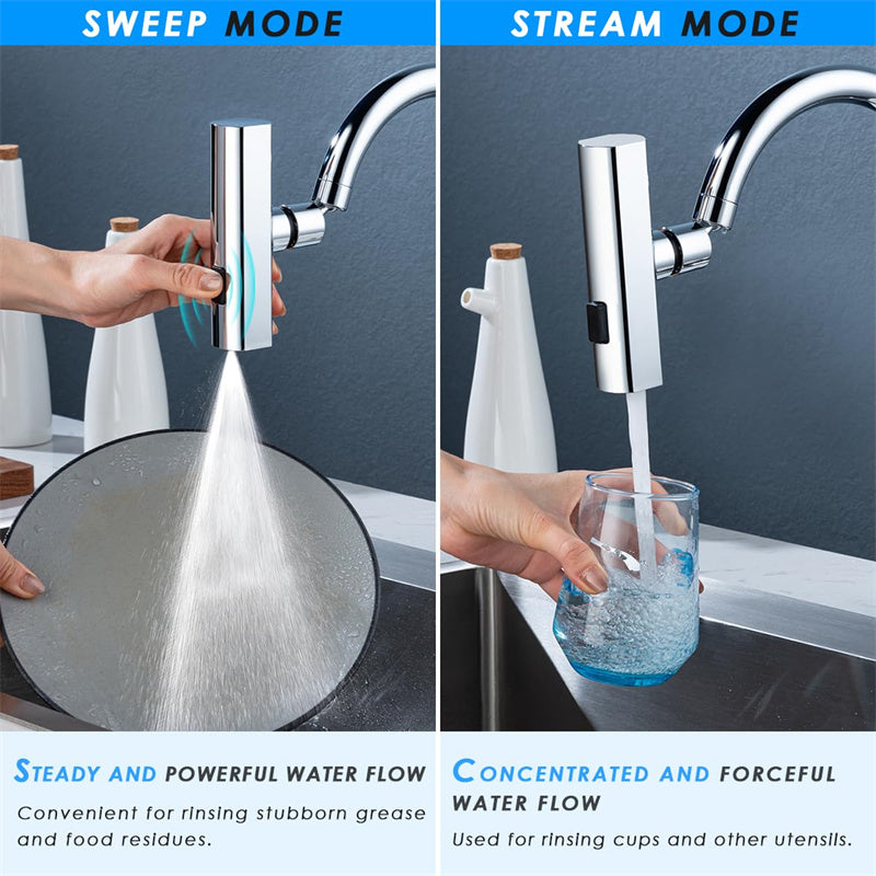 Dual mode kitchen faucet with sweep mode for rinsing grease and stream mode for filling cups