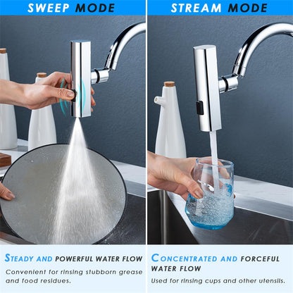 Dual mode kitchen faucet with sweep mode for rinsing grease and stream mode for filling cups