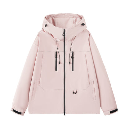 Light pink hooded windbreaker jacket with black zipper and adjustable drawstrings