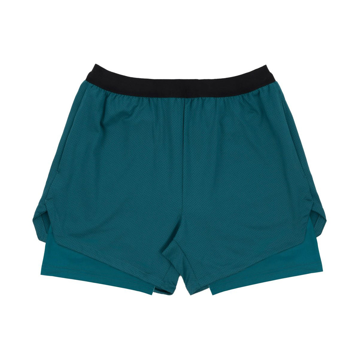 Teal blue double-layer athletic shorts with black elastic waistband on white background