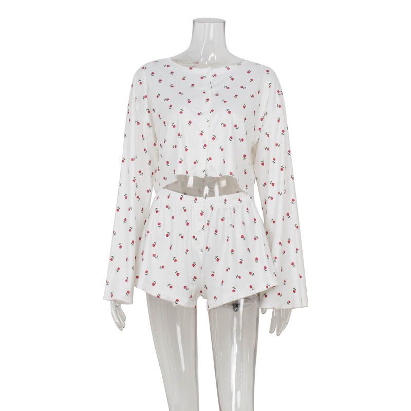 Round-neck Long-sleeve Crop Top With Loose Casual Shorts Set For Women