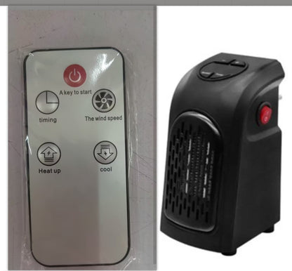 Black portable electric space heater with remote control showing power, timing, wind speed, heat up, and cool functions