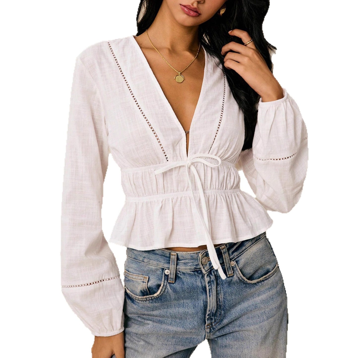 Bohemian Ruffle Blouse - Women's Long Sleeve White Polyester Shirt