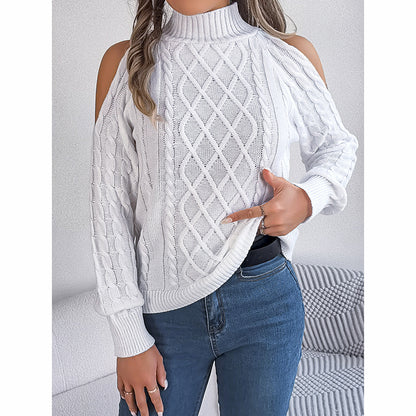 Women's Cold Shoulder Pullover - High Neck Long Sleeve Lightweight Sweater Top