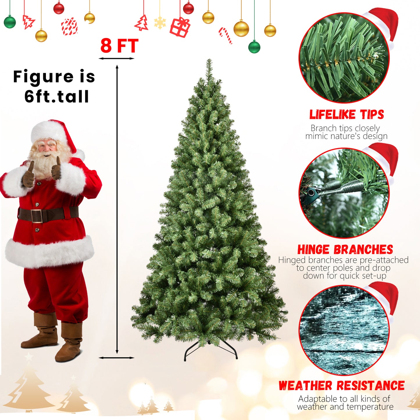 8ft artificial Christmas tree with lifelike tips, hinge branches, and weather resistance, next to 6ft Santa figure