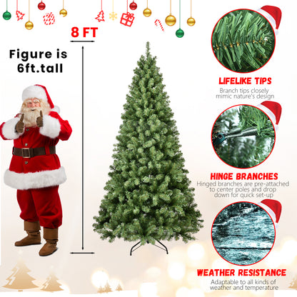 8ft artificial Christmas tree with lifelike tips, hinge branches, and weather resistance, next to 6ft Santa figure