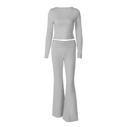 Wide-Leg Pants Suit With Midriff Top Set | Street Fashion Outfit | Gray Polyester Fiber