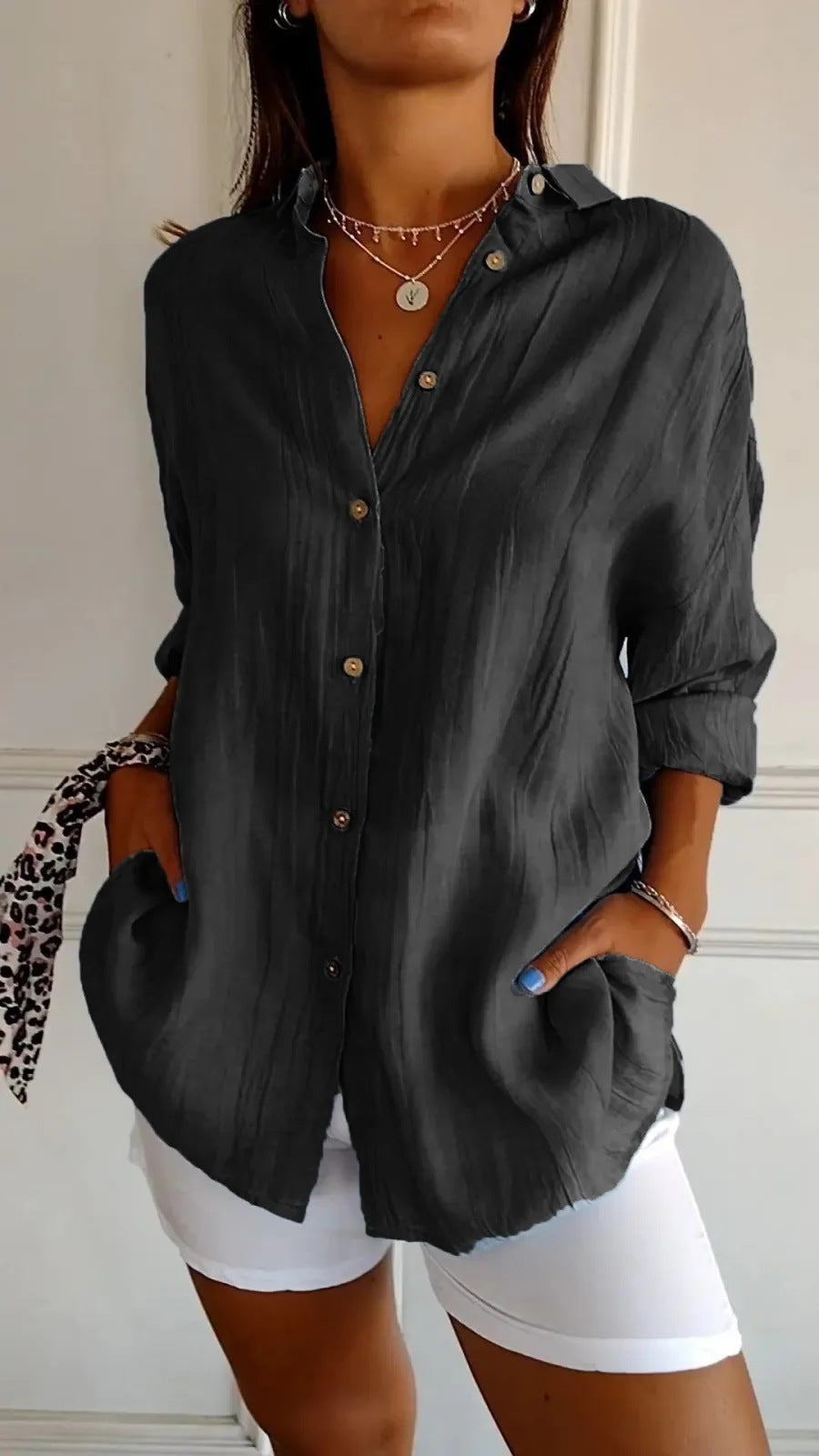 Lapel Long Sleeve Shirt - Women's Single-Breasted Pleated Blouse, Loose Fit