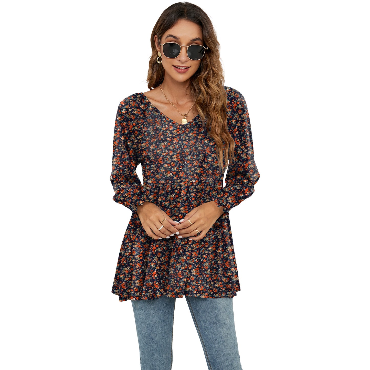 Long Puff Sleeve Tops Women’s Floral Blouse | Casual V Neck Shirt | Cotton Babydoll Tee