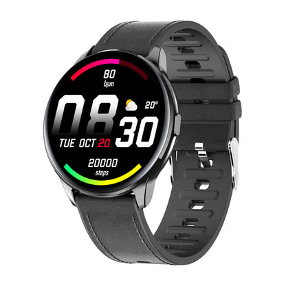 Modern black smartwatch with leather strap displaying time, heart rate, steps, date, and weather