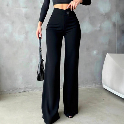 High Waist Straight Pants - Women's Casual Black Polyester Trousers