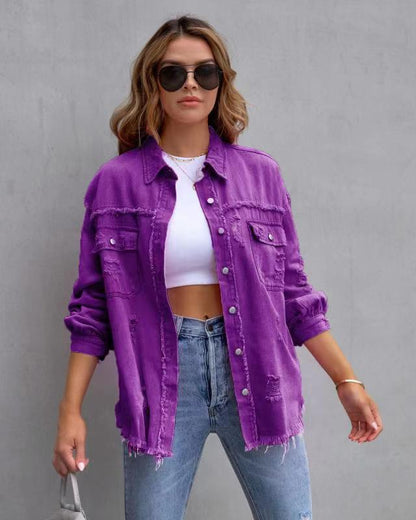 Ripped Shirt Jacket | Casual Womens Tops | Loose Fit Coat For Autumn Spring