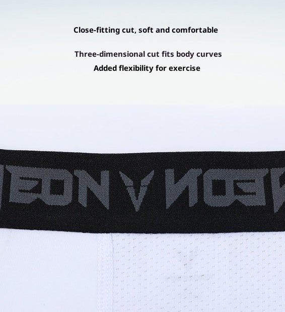 Close-up of white athletic shorts waistband with black NEON VNDN logo, highlighting comfort and flexibility