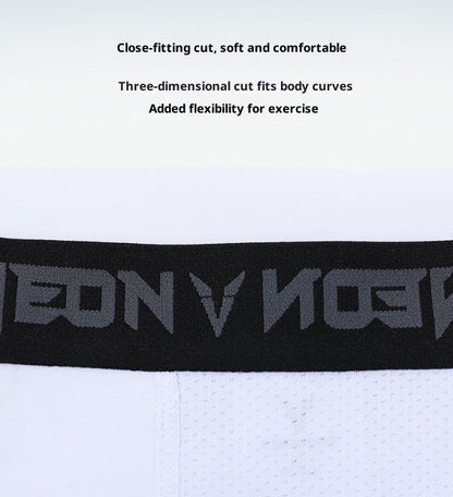 Close-up of white athletic shorts waistband with black NEON VNDN logo, highlighting comfort and flexibility