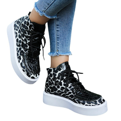 Leopard Print Women's Shoes | High-Top Casual Shoes With Flat Platform Sole