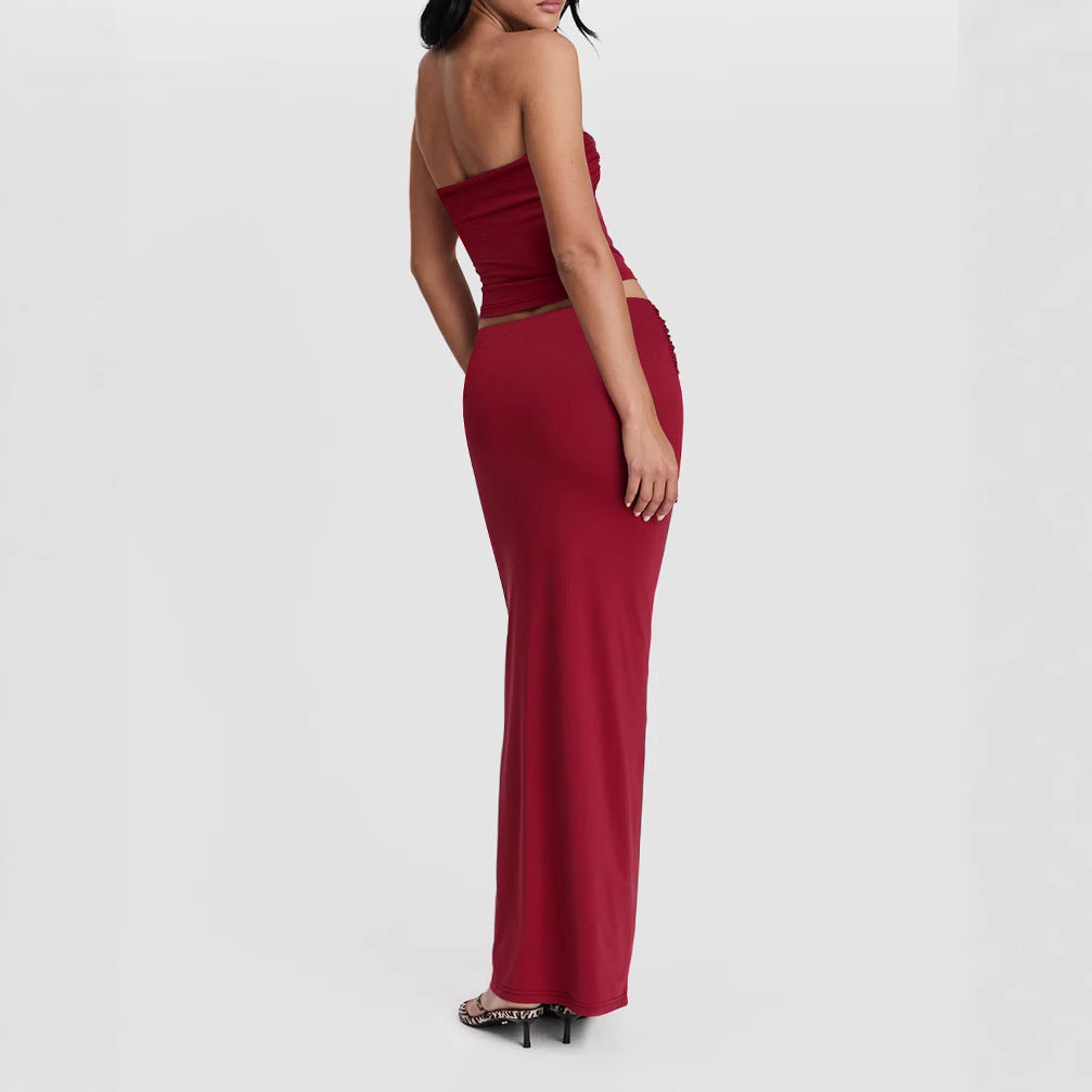 Strapless Long Dress Two Piece Set | Slim Fit Dark Red Evening Gown