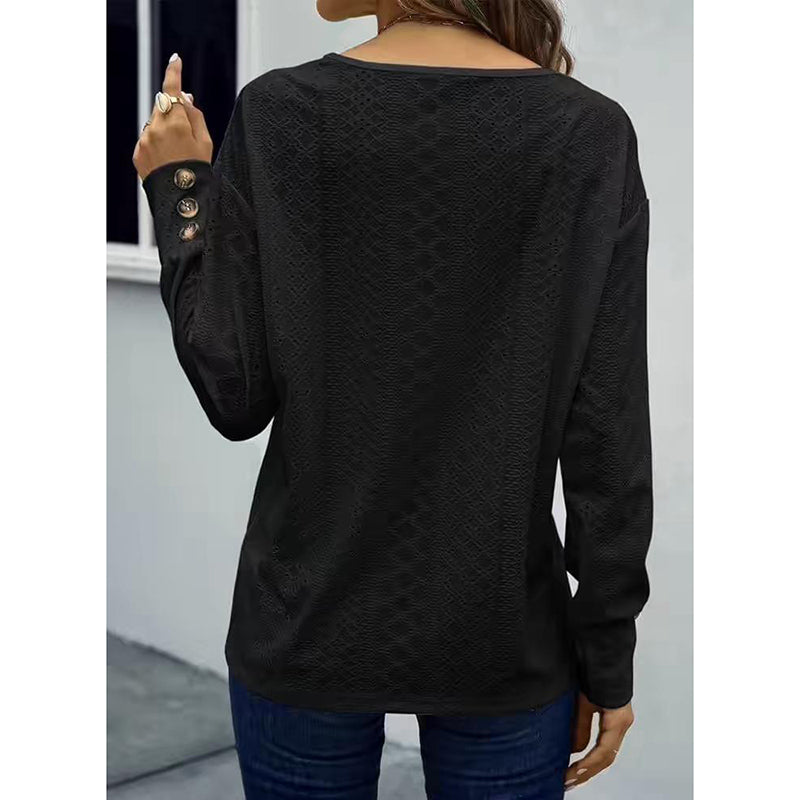 Women Eyelet Blouse - Long Sleeve V Neck Top | Casual Loose Fall Shirt